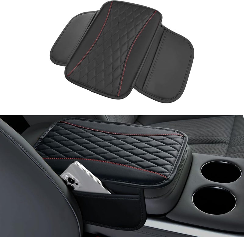 Tioollev Patchwork Leather Car Center Console Cover,Microfiber Leather Vehicle Armrest Protector Cushion with 2 Storage Bags,Universal Cars Armrest Cushion for SUV, Sedan, Truck (Black) - Image 1